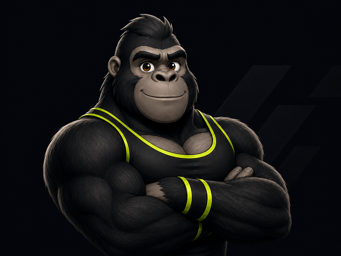 Rico, a strong gorilla wearing FitMaxx training gear